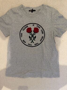 Maje Gray Tee with Red Rose Embroidered Graphic